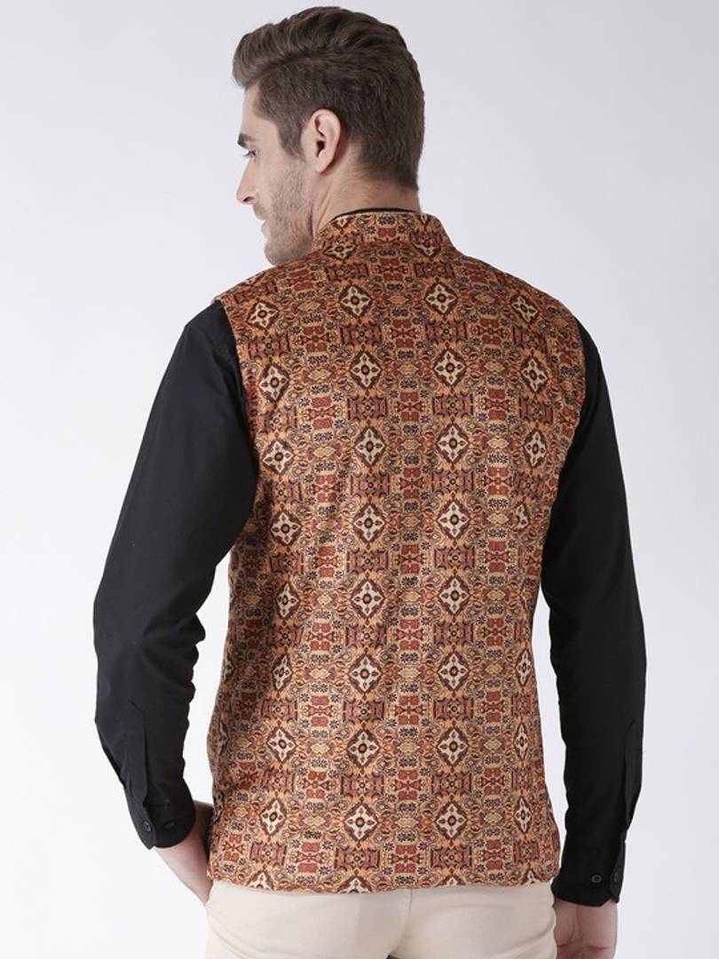 Men's Orange 
Polyester
 Printed Nehru Jackets